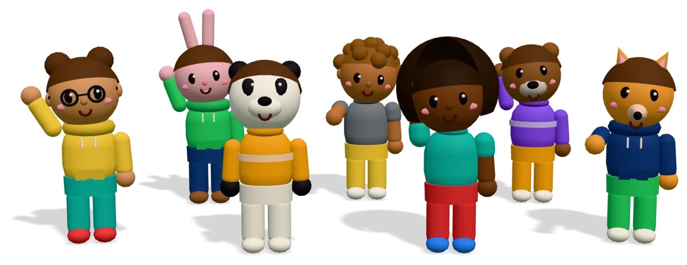 Habla Tabla characters waving: a girl with glasses, a bunny, a panda, a boy with curly hair, a girl, a bear and a fox