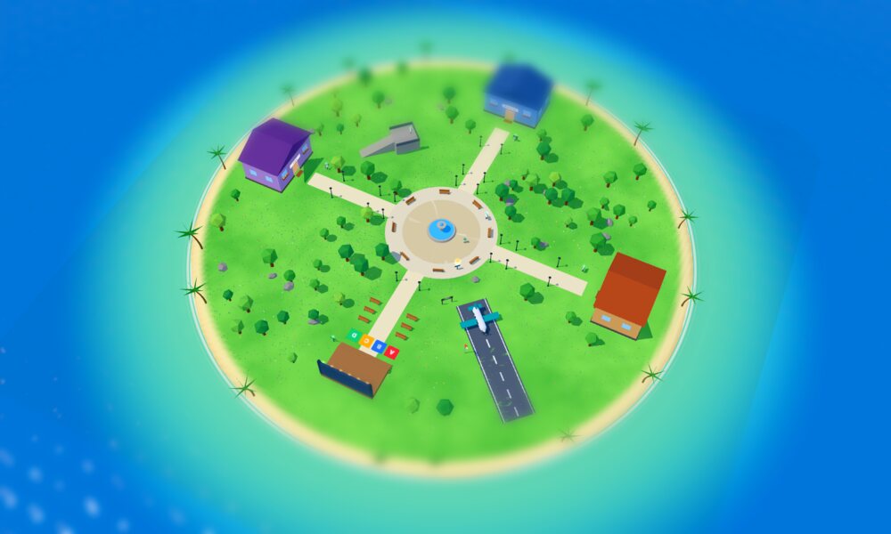 The island seen from high up, like a little model with its plaza, buildings and airstrip