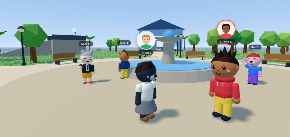 Two colleagues on the plaza with round webcam pictures over their heads